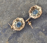 18k gold two tone Deco filigree aquamarine & diamond antique earrings