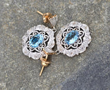 18k gold two tone Deco filigree aquamarine & diamond antique earrings