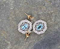 18k gold two tone Deco filigree aquamarine & diamond antique earrings