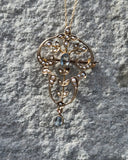 9ct gold Victorian aquamarine & pearl antique necklace pendant lavaliere - pin