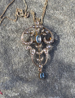 9ct gold Victorian aquamarine & pearl antique necklace pendant lavaliere - pin