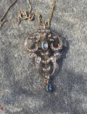 9ct gold Victorian aquamarine & pearl antique necklace pendant lavaliere - pin