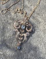 9ct gold Victorian aquamarine & pearl antique necklace pendant lavaliere - pin