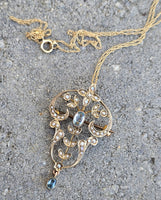 9ct gold Victorian aquamarine & pearl antique necklace pendant lavaliere - pin