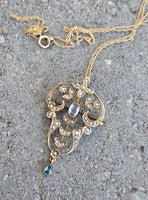9ct gold Victorian aquamarine & pearl antique necklace pendant lavaliere - pin