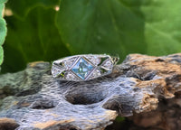 18k white gold c.1920's filigree aquamarine & diamond ring