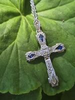 18ct two tone Art Deco c.1920's 1930's diamond & sapphire cross pendant necklace