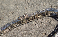 14k white gold c.1920's Deco filigree diamond & blue sapphire bracelet
