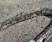 14k white gold c.1920's Deco filigree diamond & blue sapphire bracelet
