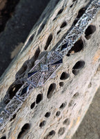 14k white gold c.1920's Deco filigree diamond & blue sapphire bracelet