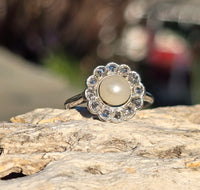 platinum diamond & pearl antique halo ring