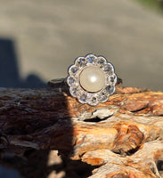 platinum diamond & pearl antique halo ring