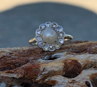platinum diamond & pearl antique halo ring