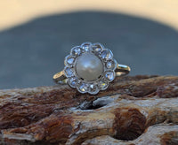 platinum diamond & pearl antique halo ring