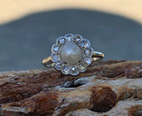 platinum diamond & pearl antique halo ring