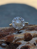 platinum diamond & pearl antique halo ring