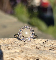 platinum diamond & pearl antique halo ring