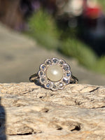platinum diamond & pearl antique halo ring