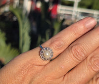 platinum diamond & pearl antique halo ring