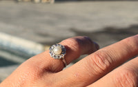 platinum diamond & pearl antique halo ring