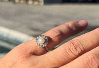 platinum diamond & pearl antique halo ring