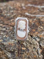 14k white gold carved shell cameo & diamond habille c.1920's estate bow ring
