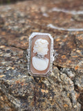 14k white gold carved shell cameo & diamond habille c.1920's estate bow ring