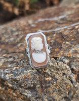 14k white gold carved shell cameo & diamond habille c.1920's estate bow ring
