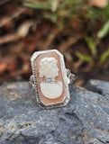 14k white gold carved shell cameo & diamond habille c.1920's estate bow ring