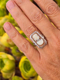 14k white gold carved shell cameo & diamond habille c.1920's estate bow ring
