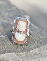 14k white gold carved shell cameo & diamond habille c.1920's estate bow ring