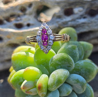 18k gold ruby and diamond antique shield glove navette ring