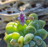 18k gold ruby and diamond antique shield glove navette ring