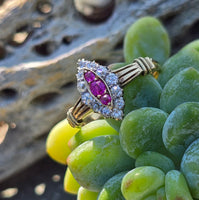 18k gold ruby and diamond antique shield glove navette ring
