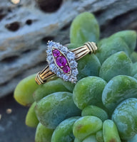 18k gold ruby and diamond antique shield glove navette ring