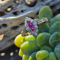 18k gold ruby and diamond antique shield glove navette ring