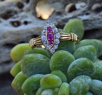 18k gold ruby and diamond antique shield glove navette ring