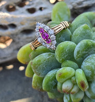 18k gold ruby and diamond antique shield glove navette ring