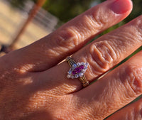 18k gold ruby and diamond antique shield glove navette ring