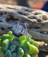 platinum Art Deco mine cut diamond and sapphire ring
