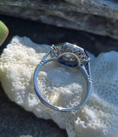 platinum Art Deco mine cut diamond and sapphire ring