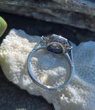platinum Art Deco mine cut diamond and sapphire ring