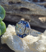 platinum Art Deco mine cut diamond and sapphire ring