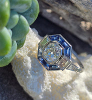 platinum Art Deco mine cut diamond and sapphire ring