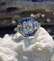 platinum Art Deco mine cut diamond and sapphire ring