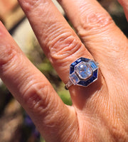platinum Art Deco mine cut diamond and sapphire ring