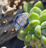 platinum Art Deco mine cut diamond and sapphire ring