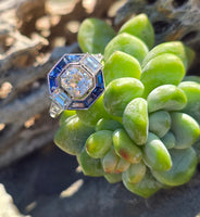 platinum Art Deco mine cut diamond and sapphire ring