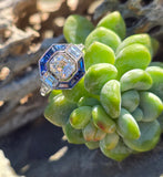 platinum Art Deco mine cut diamond and sapphire ring