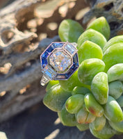 platinum Art Deco mine cut diamond and sapphire ring